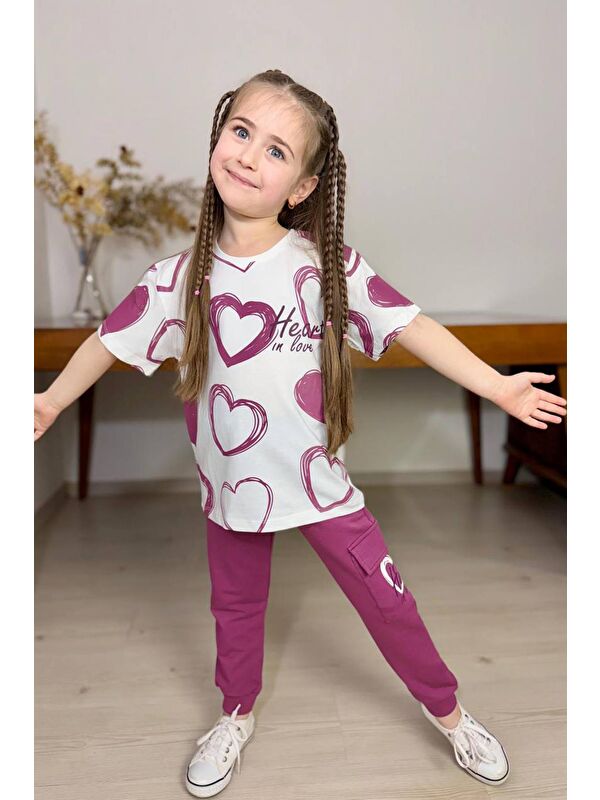 Riccotarz Kız Çocuk Pano Kalp Baskı Bisiklet Yaka T-Shirt Kargo Cepli Alt Mor Eşofman Takım