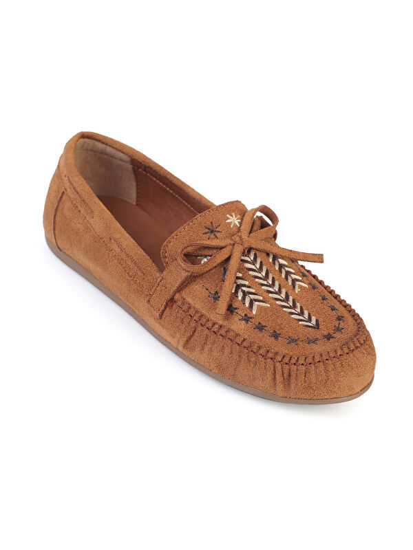 Capone Outfitters Lisabeth Süet Görünümlü Kızılderili Nakışlı Yumuşak Kadın Loafer Ayakkabı