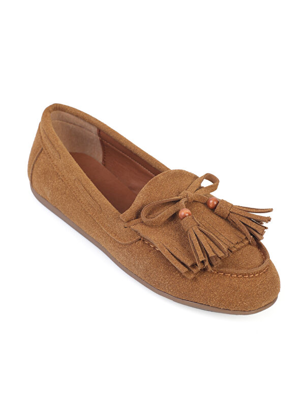 Capone Outfitters Veronique Süet Görünümlü Püsküllü Ahşap Aksesuarlı Yumuşak Kadın Loafer Ayakkabı