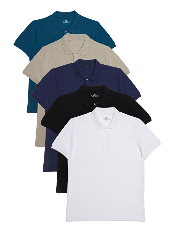 TUDORS Erkek Slim Fit %100 Pamuk Yumuşak Doku 5'Li Beyaz-Siyah-Lacivert-Açık Haki-Mavi Düz Polo Yaka Tişört