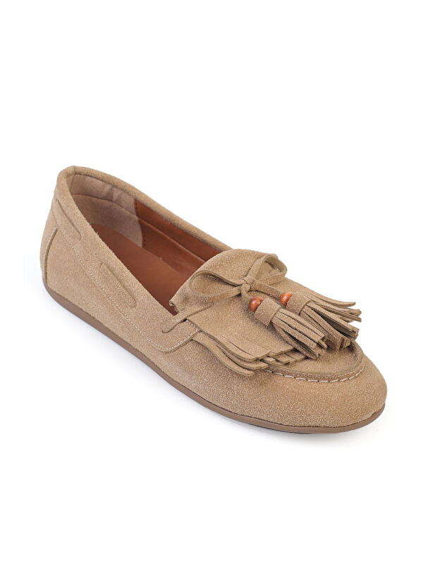 Capone Outfitters Veronique Süet Görünümlü Püsküllü Ahşap Aksesuarlı Yumuşak Kadın Loafer Ayakkabı