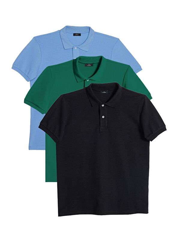 TUDORS Erkek 3'Lü Paket Siyah-Yeşil-Mavi Slim Fit Dar Kesim Pamuklu Düz Pike Polo Yaka Tişört