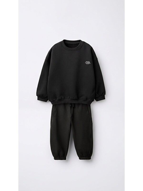 Monila Unisex Çocuk Basic Yazı Detaylı 3 İplik Kumaş Eşofman Takım