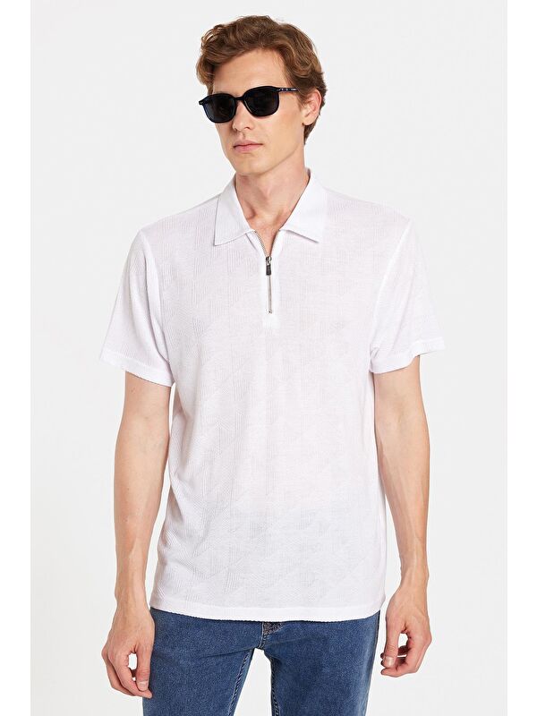 TUDORS Erkek Slim Fit Dar Kesim Viskon Fermuarlı Polo Yaka Beyaz Tişört