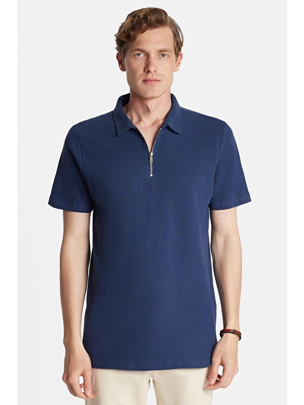 TUDORS Erkek Slim Fit Dar Kesim %100 Pamuk Fermuarlı Lacivert Polo Yaka Tişört