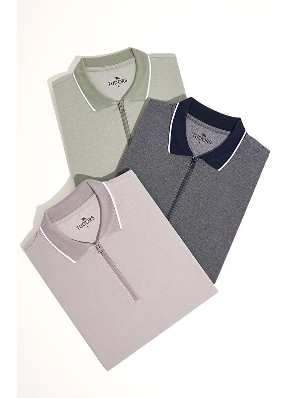 TUDORS Erkek 3'Lü Paket Mint-Gri-Lacivert Slim Fit Pamuklu Düz Fermuarlı Pike Polo Yaka Tişört