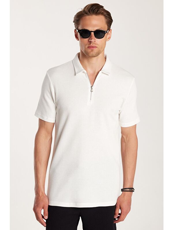 TUDORS Erkek Slim Fit Dar Kesim %100 Pamuk Fermuarlı Beyaz Polo Yaka Tişört
