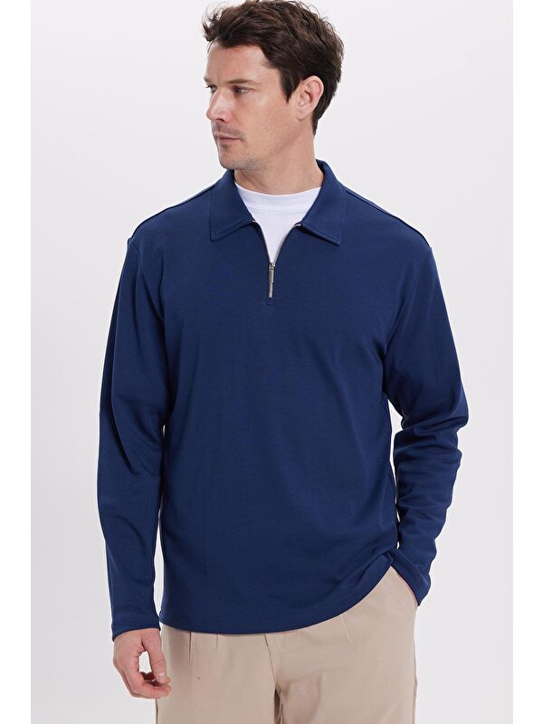 TUDORS Erkek Relax Fit Rahat Kesim %100 Pamuk Yarım Fermuarlı Polo Yaka İnterlok Lacivert Sweatshirt
