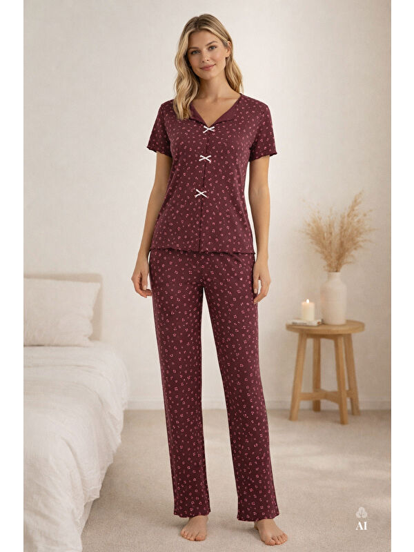 Koza İç Giyim Kadın Kısa Kollu Fiyonklu Fitilli Pijama Takımı