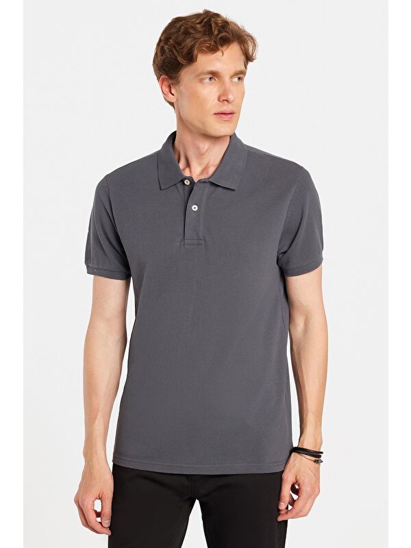 TUDORS Erkek Slim Fit Dar Kesim %100 Pamuk Antrasit Polo Yaka Tişört