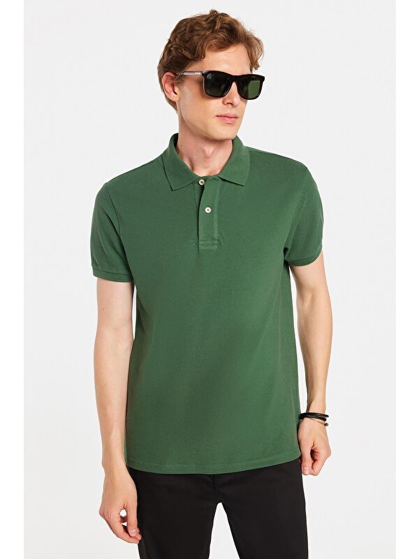 TUDORS Erkek Slim Fit Dar Kesim %100 Pamuklu Yeşil Polo Yaka Tişört