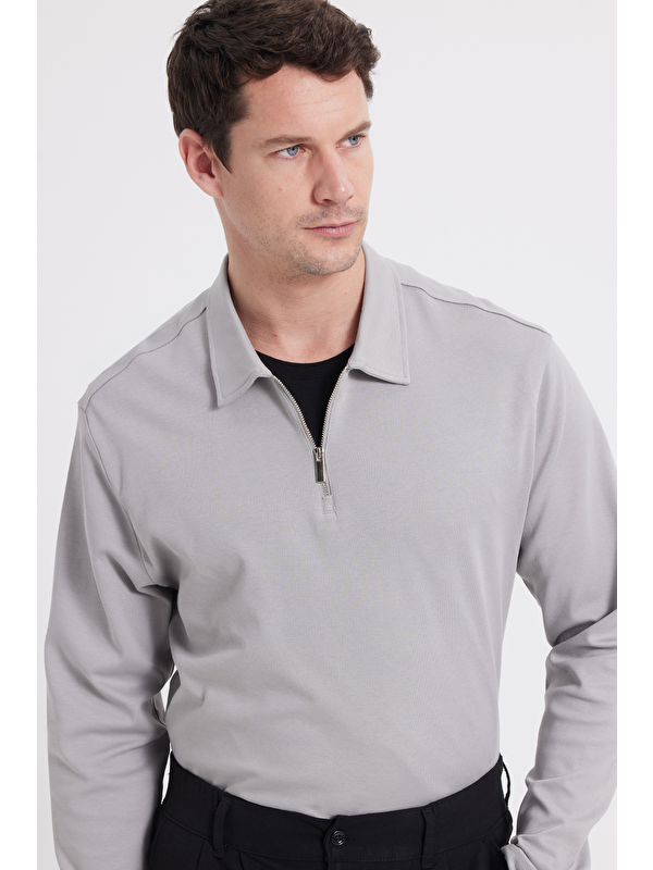 TUDORS Erkek Relax Fit Rahat Kesim %100 Pamuk Yarım Fermuarlı Polo Yaka İnterlok Gri Sweatshirt