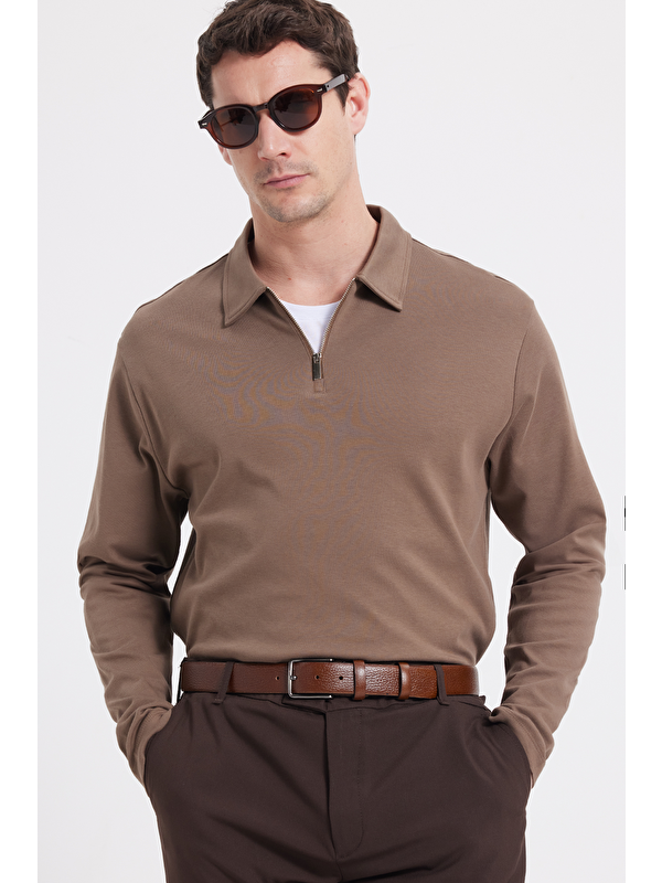 TUDORS Erkek Relax Fit Rahat Kesim %100 Pamuk Yarım Fermuarlı Polo Yaka İnterlok Koyu Vizon Sweatshirt
