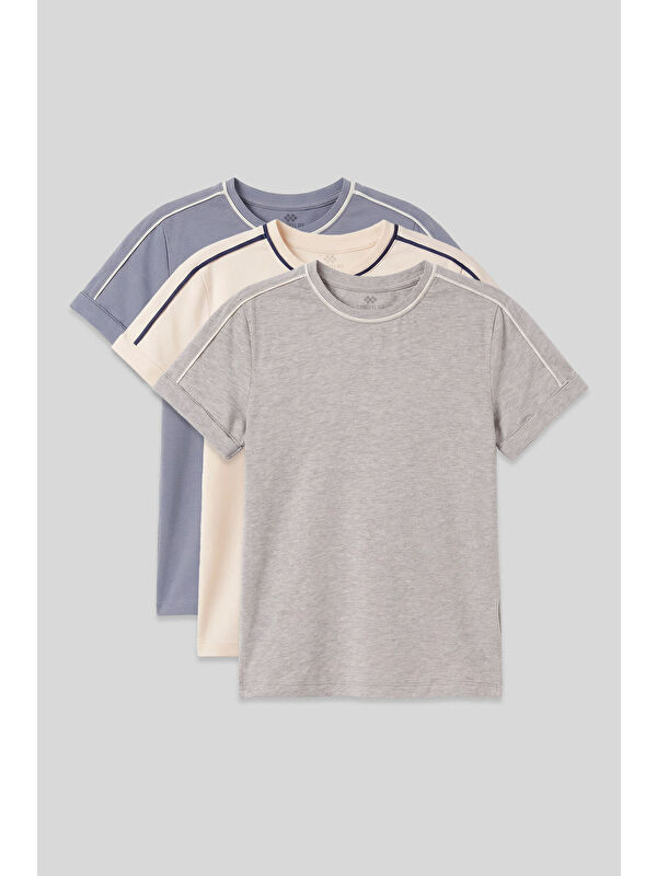 Tommylife Standart Fit O Yaka 3lü Paket Koyu Mavi-Ekru-Gri Melanj Kız Çocuk T-Shirt - 75177