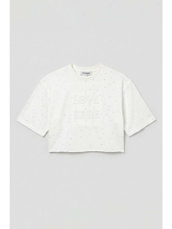 It's Basic Kadın Beyaz T-s6-101 Crop Parlak Taşlı Özel Tasarım Örme T-Shirt