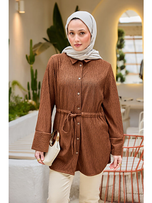 Locco Moda Kadın Beli Kemerli Damla Gömlek Kahverengi