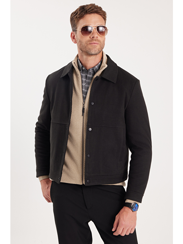 TUDORS Erkek Slim Fit Dar Kesim Çift Cepli Çıtçıt Kapamalı Siyah Mont