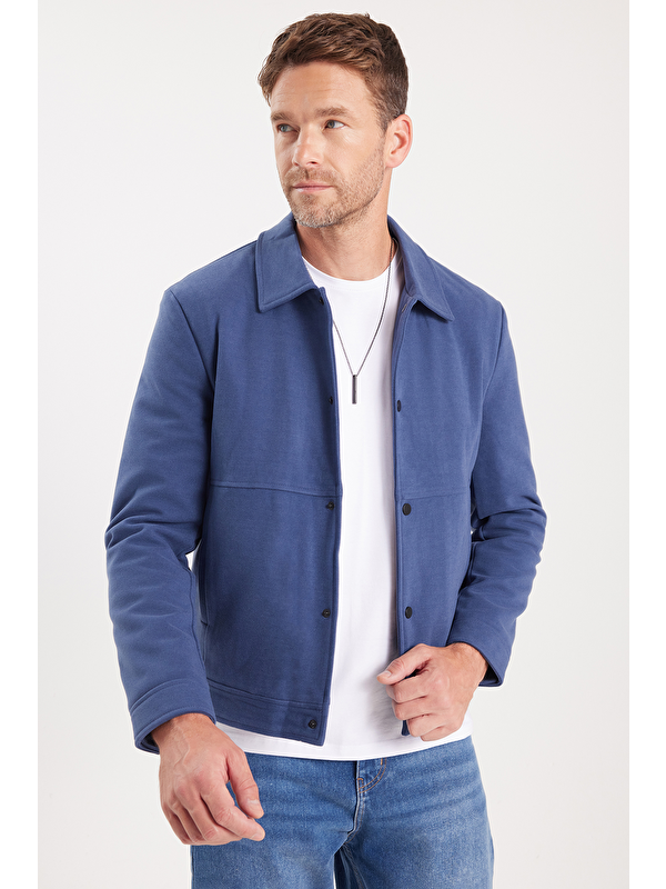 TUDORS Erkek Slim Fit Dar Kesim Çift Cepli Çıtçıt Kapamalı Lacivert Mont