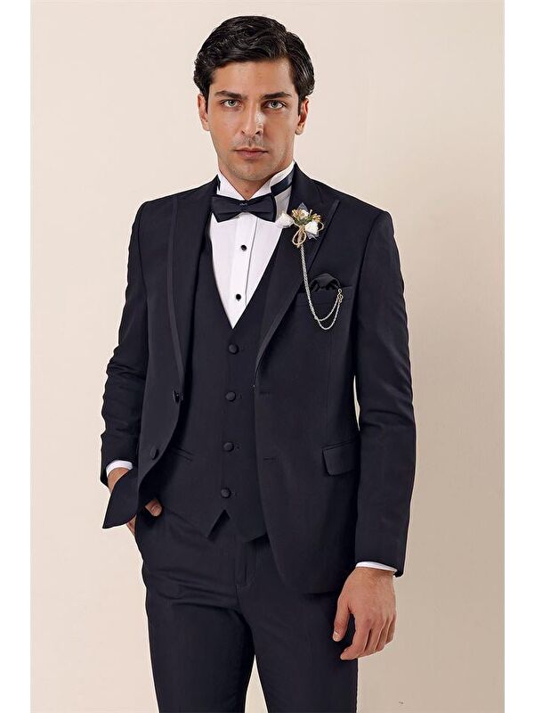 İMZA Koyu Lacivert Çıkarılabilir Kırlangıç Yaka Yelekli 6 Drop Slim Fit Smokin Damatlık 1001225203