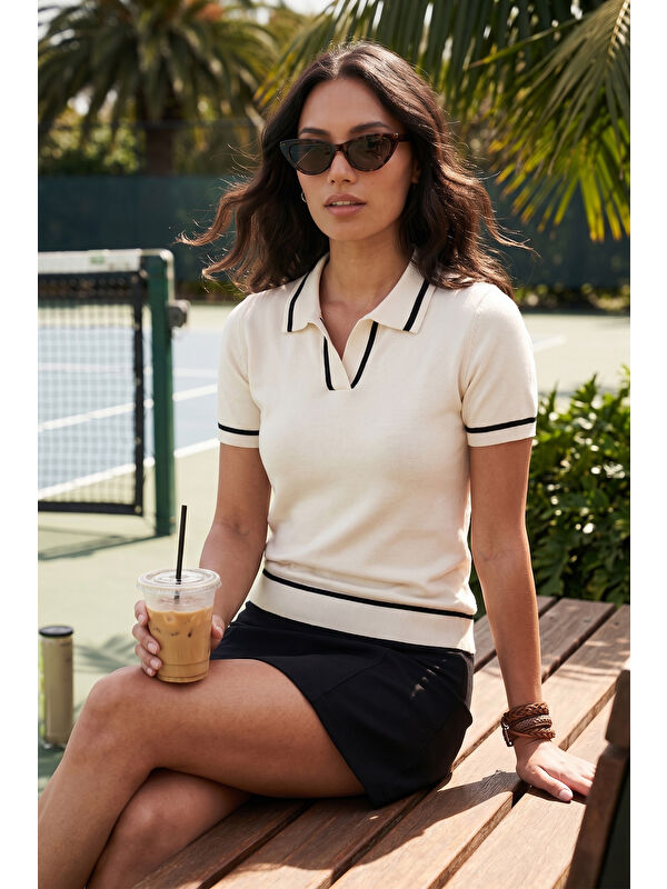 Lela Kontrast Detaylı Regular Fit Triko Polo Yaka Kadın T Shirt 4617057