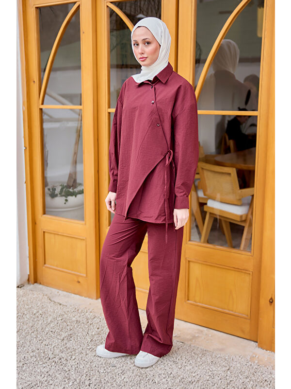 Locco Moda Kadın Düğme Detay Yan Bağlamalı Keten Takım Bordo