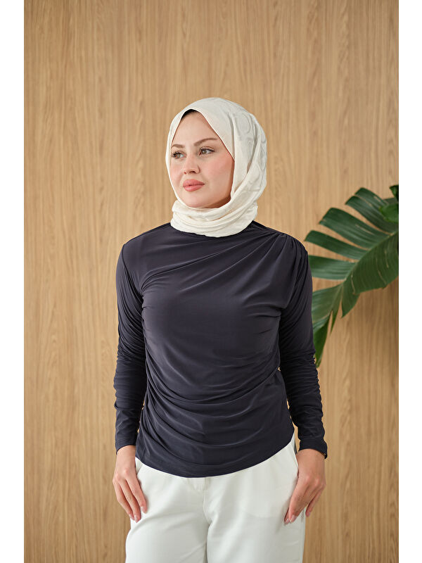 Locco Moda Kadın Uzun Kollu Büzgü Detay Bluz Antrasit