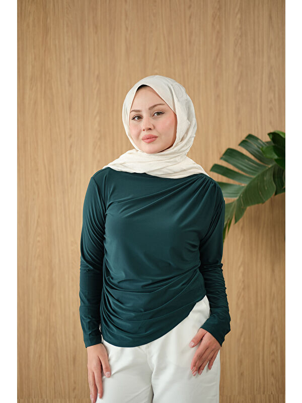 Locco Moda Kadın Uzun Kollu Büzgü Detay Bluz Zümrüt Yeşil