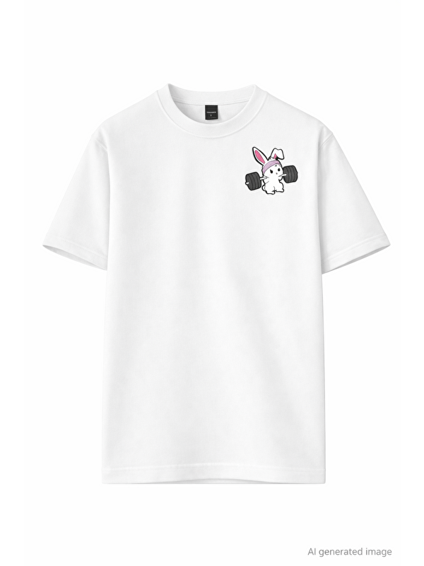 Oksit Beyaz Gym BunnyHalter Kaldıran Tavşan Baskılı Unisex  Pamuklu Tişört-20063