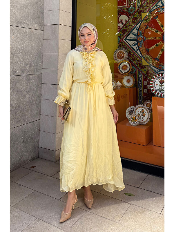 Locco Moda Kadın Önü Fırfırlı Bel Bağlamalı Tül Elbise Sarı