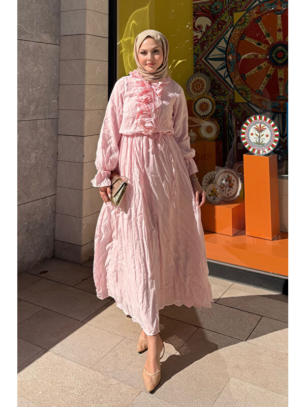 Locco Moda Kadın Önü Fırfırlı Bel Bağlamalı Tül Elbise Pembe