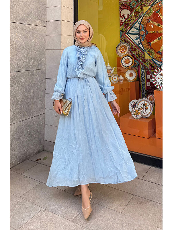 Locco Moda Kadın Önü Fırfırlı Bel Bağlamalı Tül Elbise Mavi