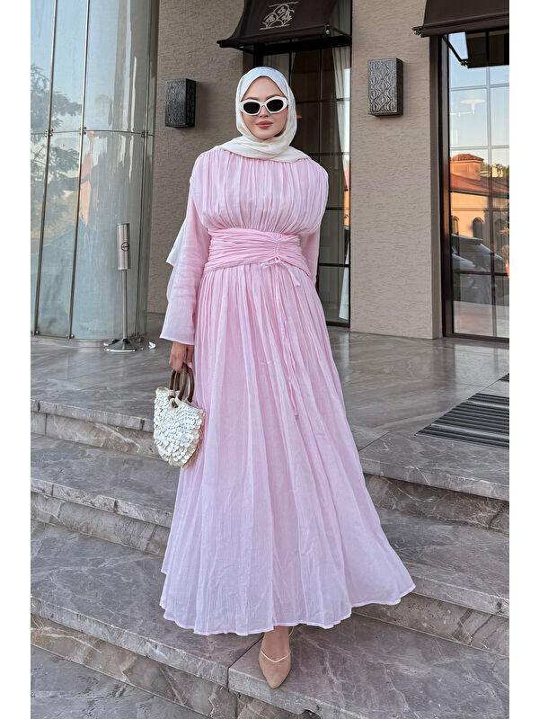 Locco Moda Kadın Pilise Bel Kuşaklı Tül Detay Elbise Pembe