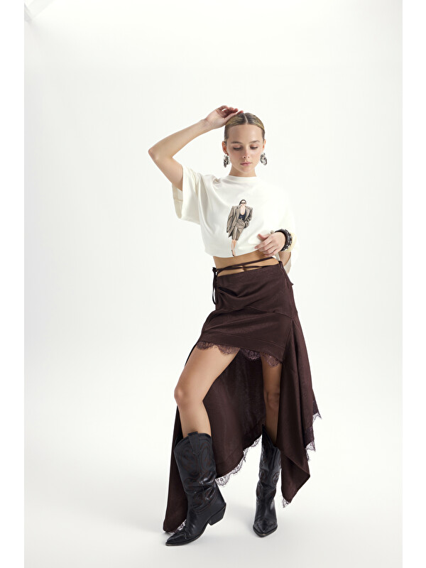Mai Collection Morlina Dantel Detay Kahve Saten Etek