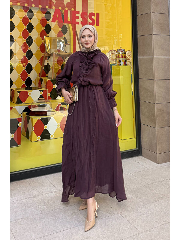 Locco Moda Kadın Önü Fırfırlı Bel Bağlamalı Tül Elbise Mürdüm