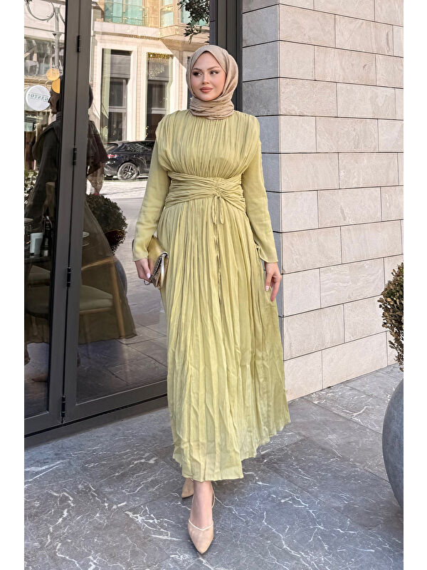 Locco Moda Kadın Pilise Bel Kuşaklı Tül Detay Elbise Yağ Yeşil