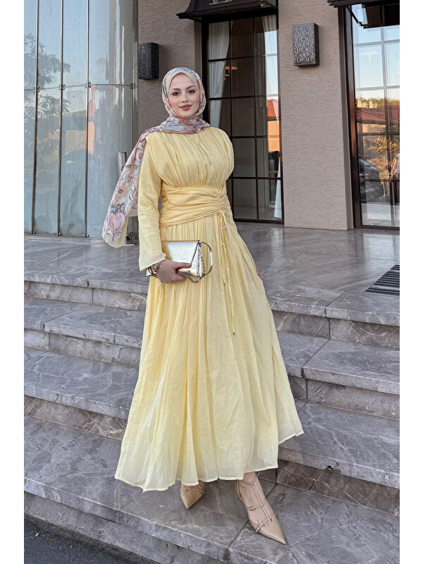 Locco Moda Kadın Pilise Bel Kuşaklı Tül Detay Elbise Sarı