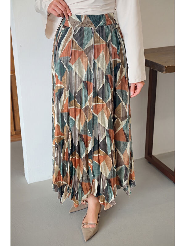 Locco Moda Kadın Geometrik Desen Şifon Etek Yeşil