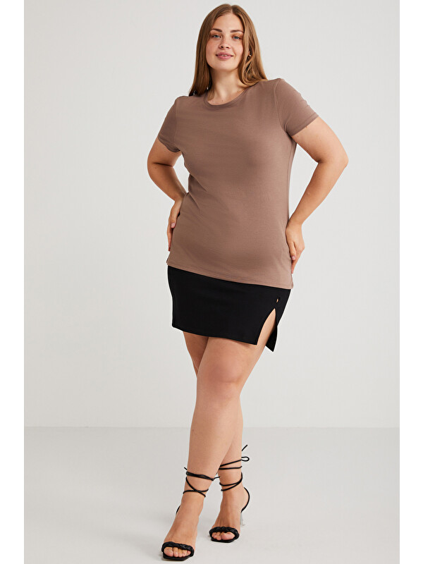 ETHIQUET Mayra Kadın Slim Fit Dar Kalıp Bisiklet Yaka Basıc KAHVERENGİ Büyük Beden T-shirt