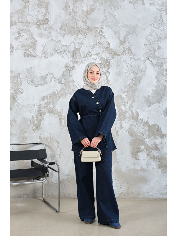 Locco Moda Kadın Yandan Düğme Detay Bel Bağlamalı Jean Takım Lacivert