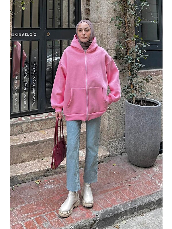 Lamelif Kapüşonlu Oversize Yan Cepli Sweat Şeker Pembesi