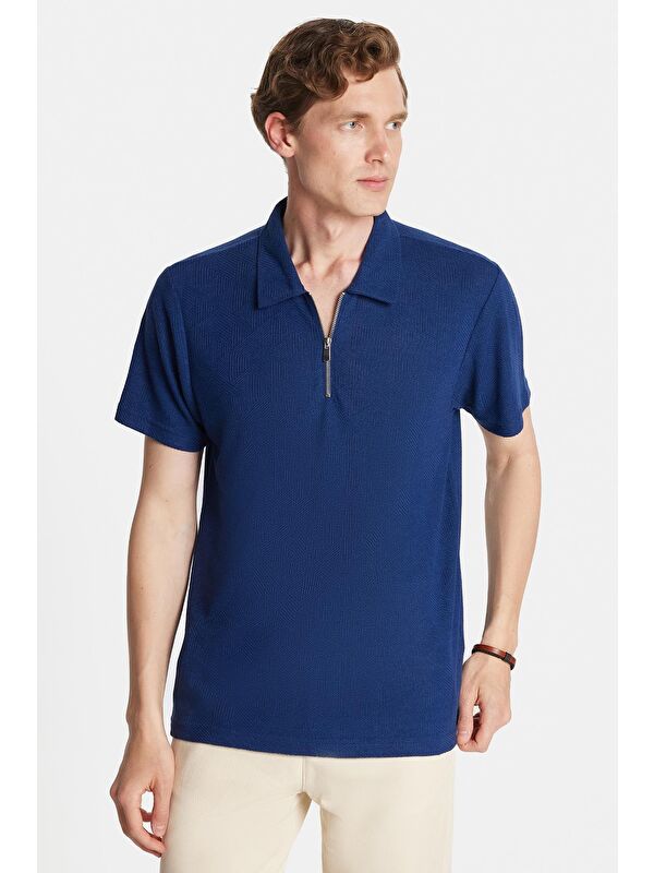 TUDORS Erkek Slim Fit Dar Kesim Viskon Fermuarlı Polo Yaka Lacivert Tişört