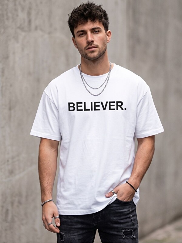 Trendseninle Erkek Beyaz Believer. Baskı Detay %100 Organik Pamuk Örme Oversize Tişört