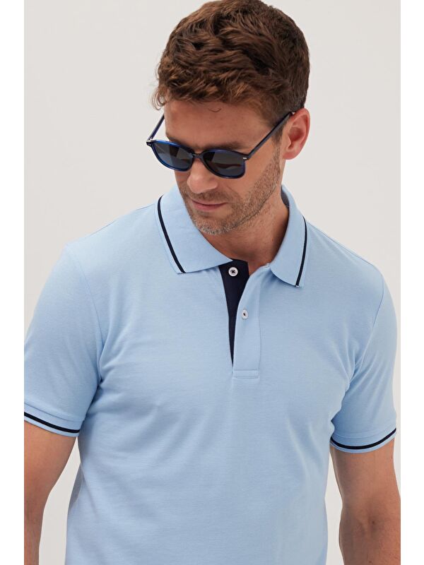 TUDORS Erkek Slim Fit Dar Kesim %100 Pamuk Yumuşak Dokulu Serin Tutan Kumaş Düz Pike Mavi Polo Yaka Tişört