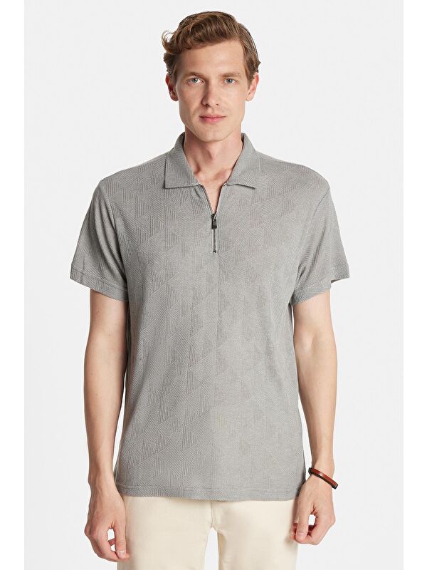TUDORS Erkek Slim Fit Dar Kesim Viskon Fermuarlı Polo Yaka Gri Tişört