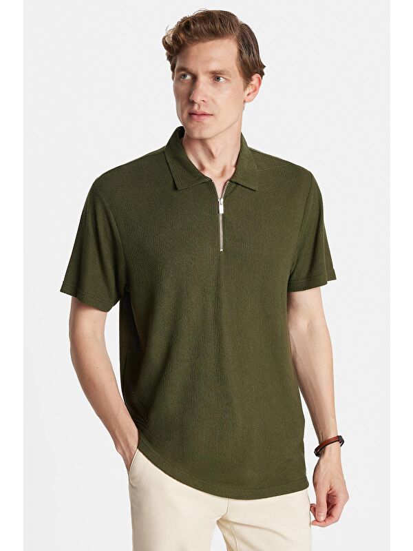 TUDORS Erkek Slim Fit Dar Kesim Viskon Fermuarlı Polo Yaka Koyu Haki Tişört