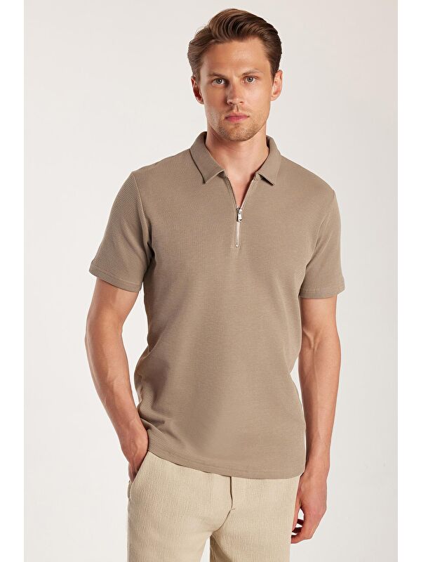 TUDORS Erkek Slim Fit Dar Kesim %100 Pamuk Fermuarlı Kahverengi Polo Yaka Tişört