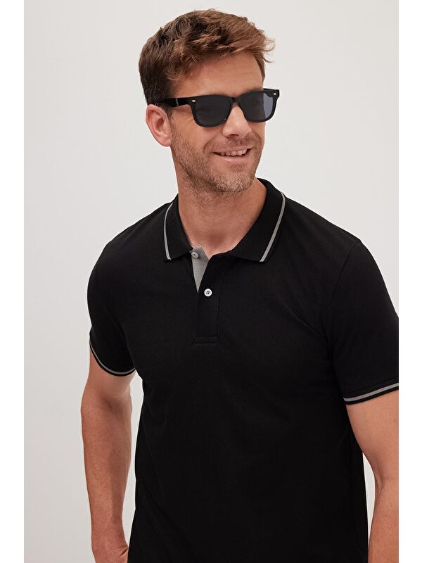 TUDORS Erkek Slim Fit Dar Kesim %100 Pamuk Yumuşak Dokulu Serin Tutan Kumaş Düz Pike Siyah Polo Yaka Tişört