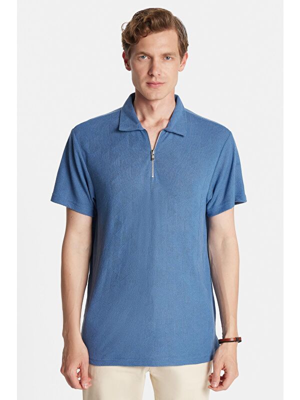 TUDORS Erkek Slim Fit Dar Kesim Viskon Fermuarlı Polo Yaka Mavi Tişört