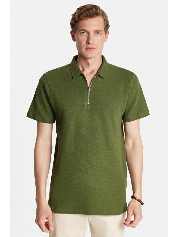 TUDORS Erkek Slim Fit Dar Kesim %100 Pamuk Fermuarlı Yeşil Polo Yaka Tişört