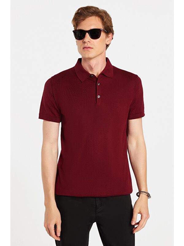 TUDORS Erkek Slim Fit Dar Kesim Pamuklu Örme Triko Bordo Polo Yaka Tişört